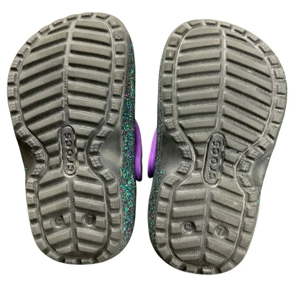 Crocs Kids Classic Glitter Clogs Purple Strap Black Sparkle C7 Toddler Shoes